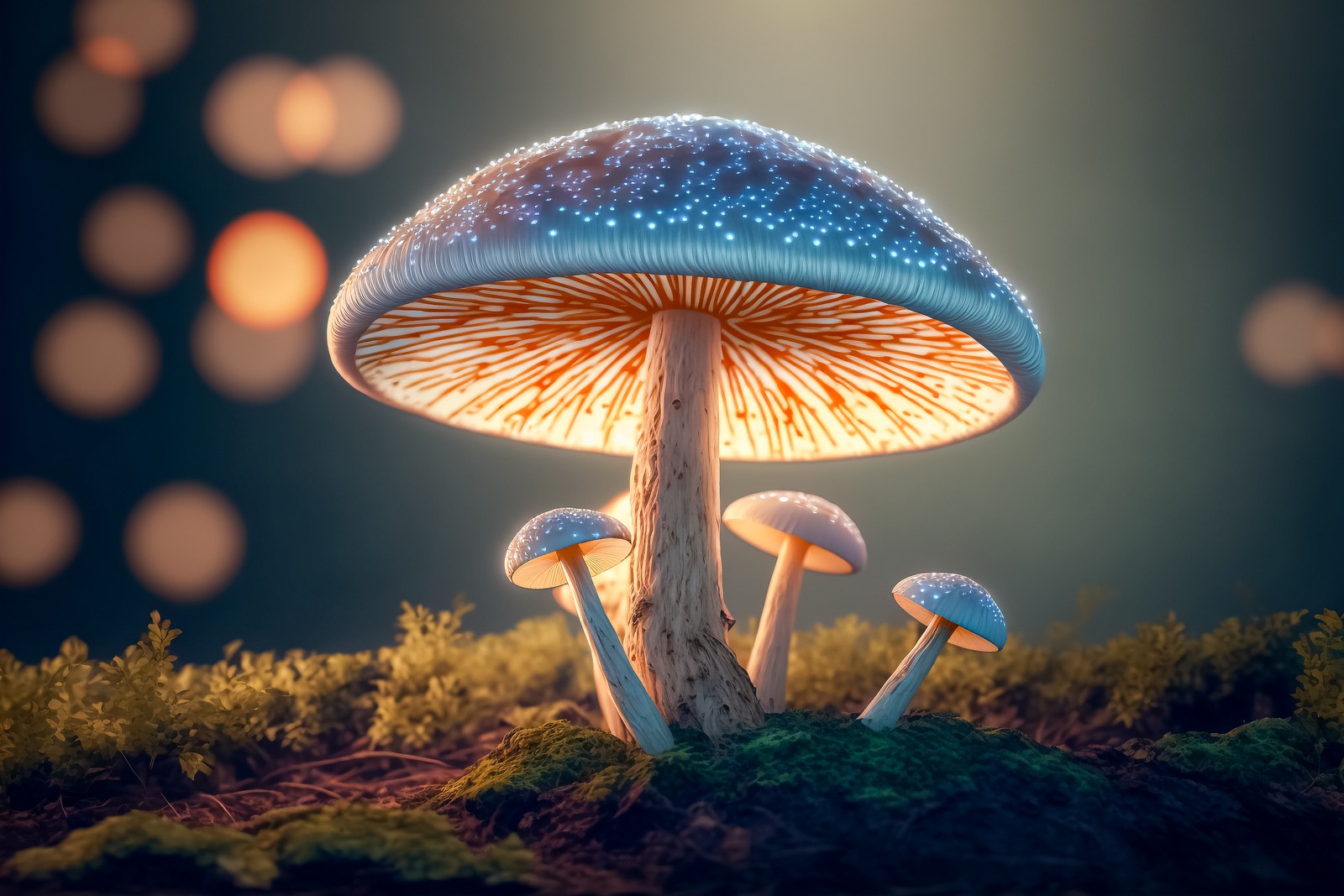 Des champignons sont assis sur un sol recouvert de mousse avec une lumière vive (forêt de champignons, surréaliste, art dia, ai art, fantaisie)