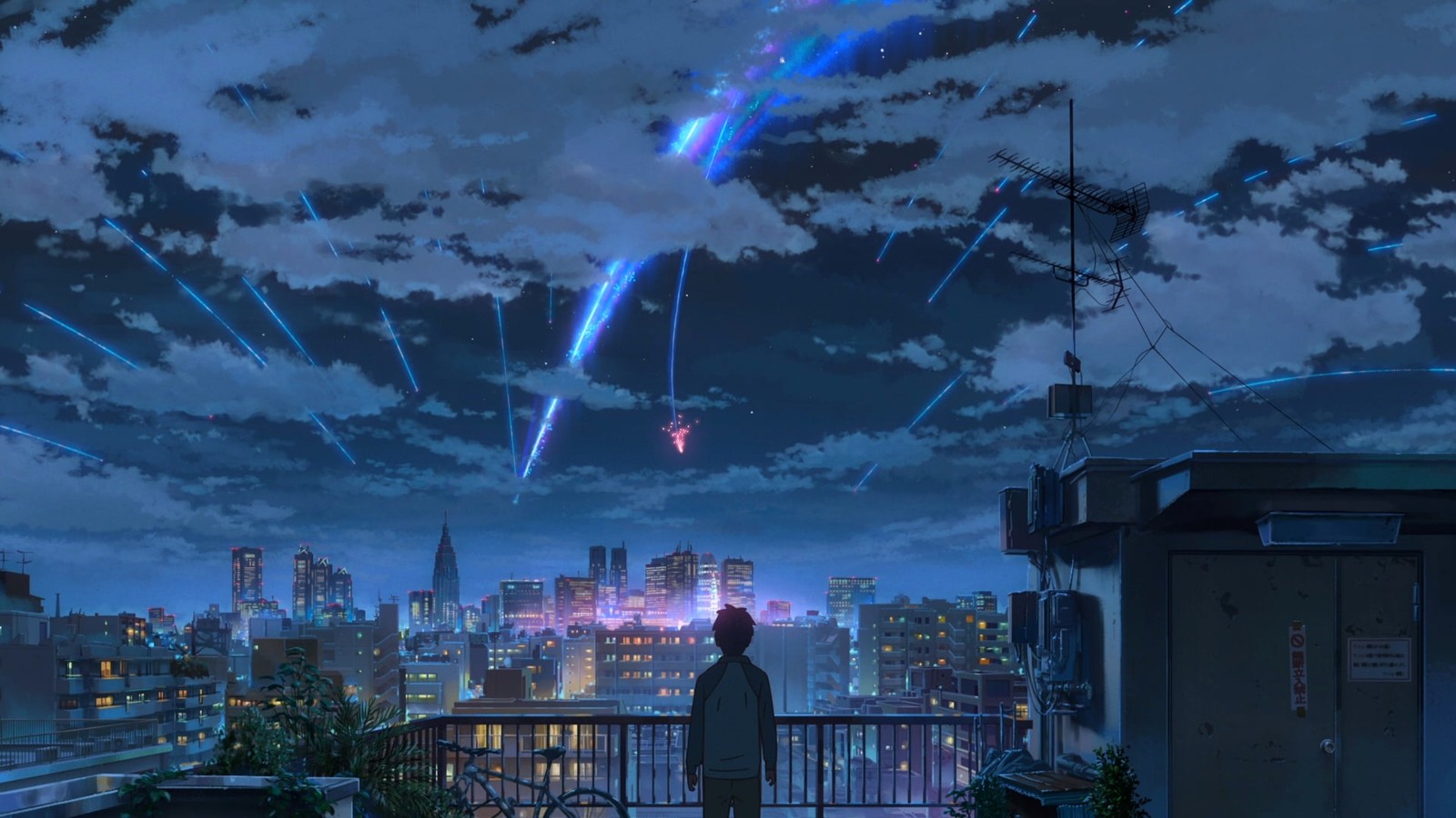 Un hombre de pie en un balcón mirando el horizonte de la ciudad (taki tachibana, lofi, your name, 8k, tu nombre)