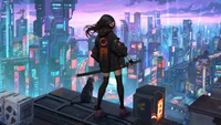 Cyberpunk Anime-Mädchen, das auf die Neonstadt mit einer Katze blickt