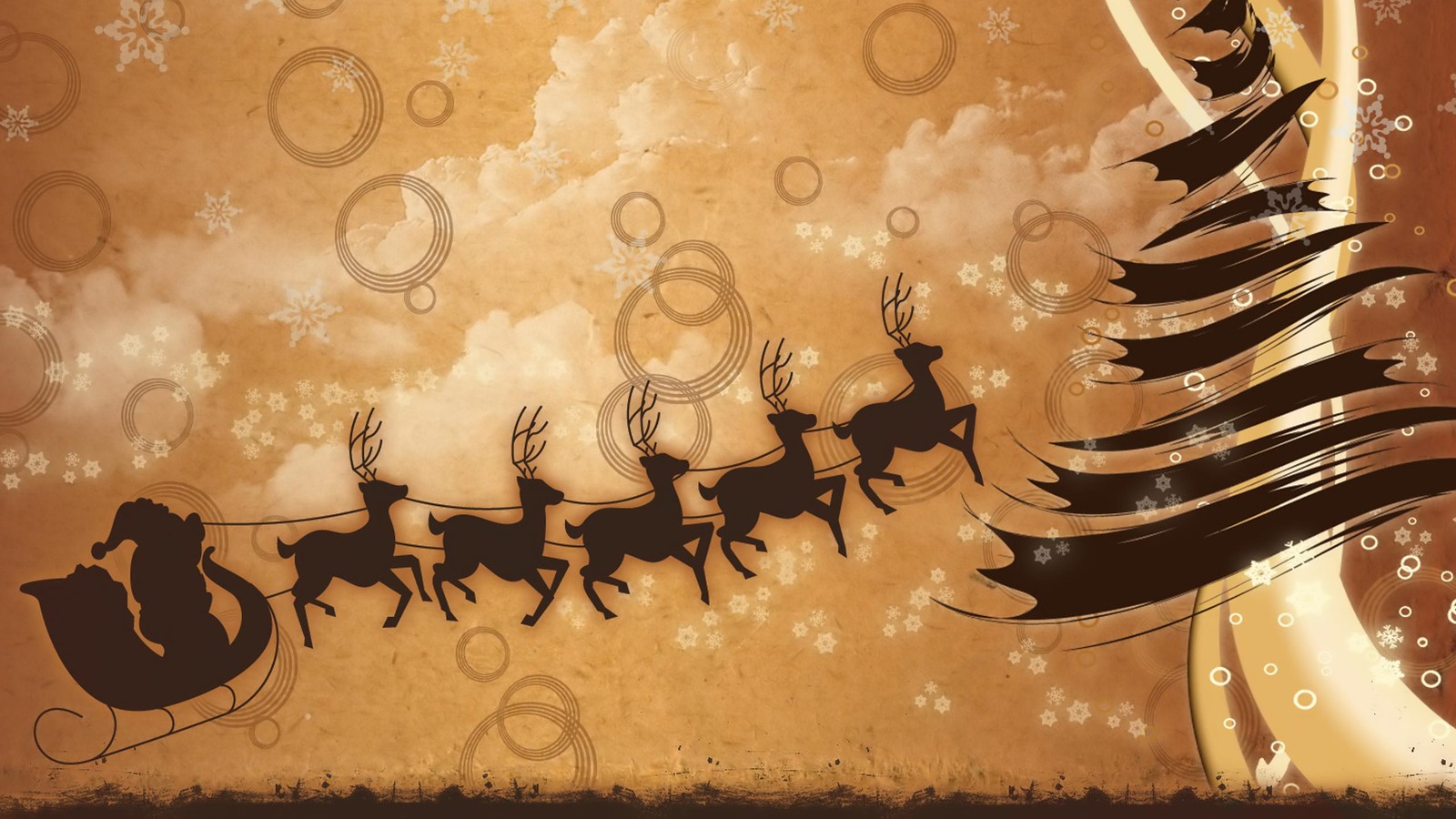 A brown christmas card with santa claus and his sleigh (reindeer, santa claus, santa clauss reindeer, christmas day, art)