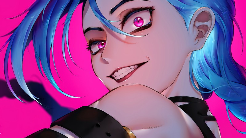 Крупный план женщины с синими волосами и розовыми глазами (джинкс, jinx, lol, league of legends, видеоигра)