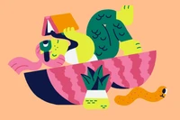 Une illustration fantaisiste d'une personne se relaxant dans un bateau en pastèque, lisant un livre, entourée de plantes tropicales et d'un ver espiègle, mettant en valeur un style vibrant et coloré.