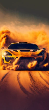 Supercarro amarelo levantando poeira em uma paisagem desértica