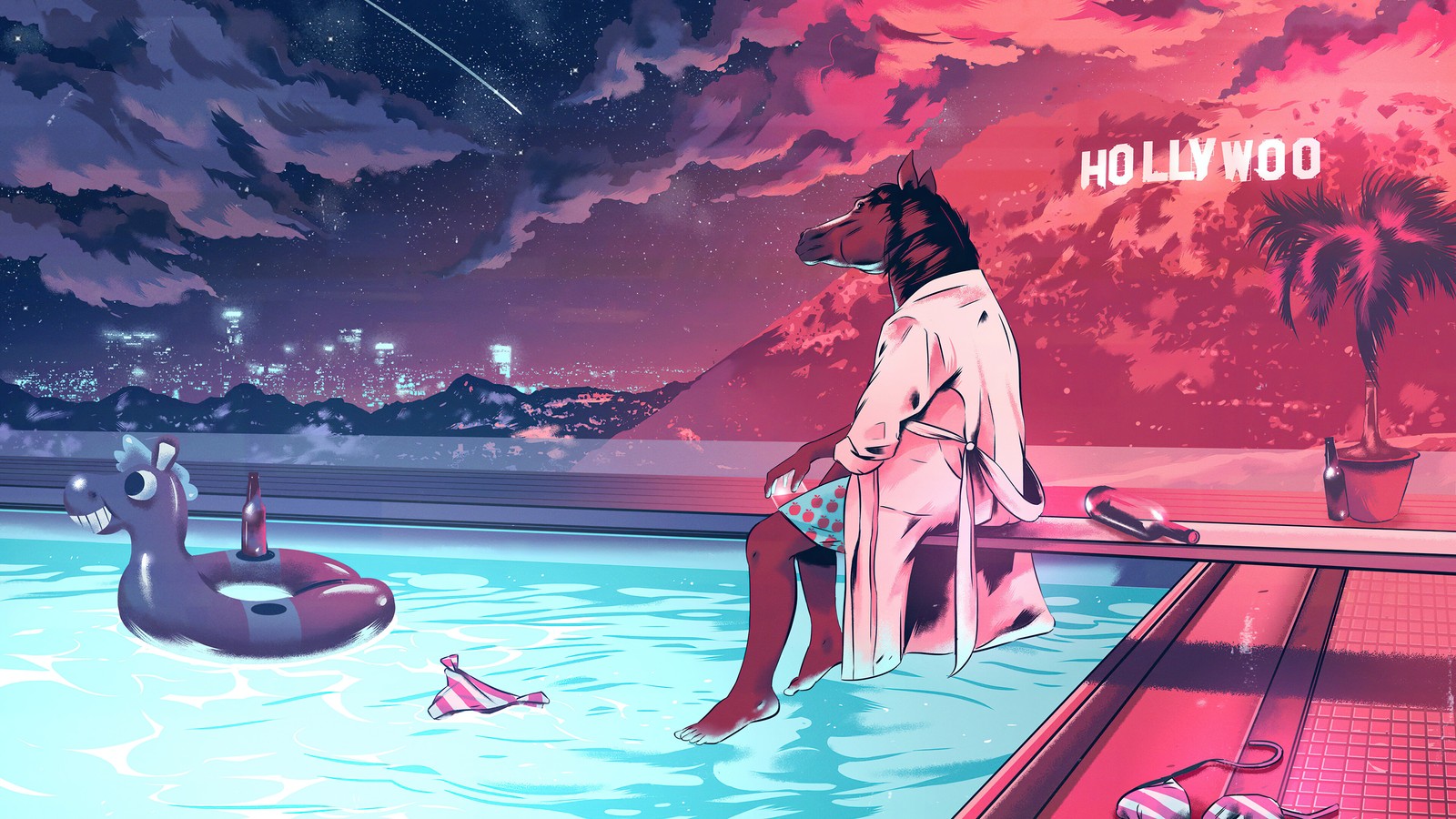 Homme assis au bord de la piscine avec un feu en arrière-plan (bojack horseman, netflix, série télévisée, piscine, hollywood)