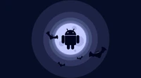 Android Silhouette Surrounded by Bats Against a Dark Moonlit Background