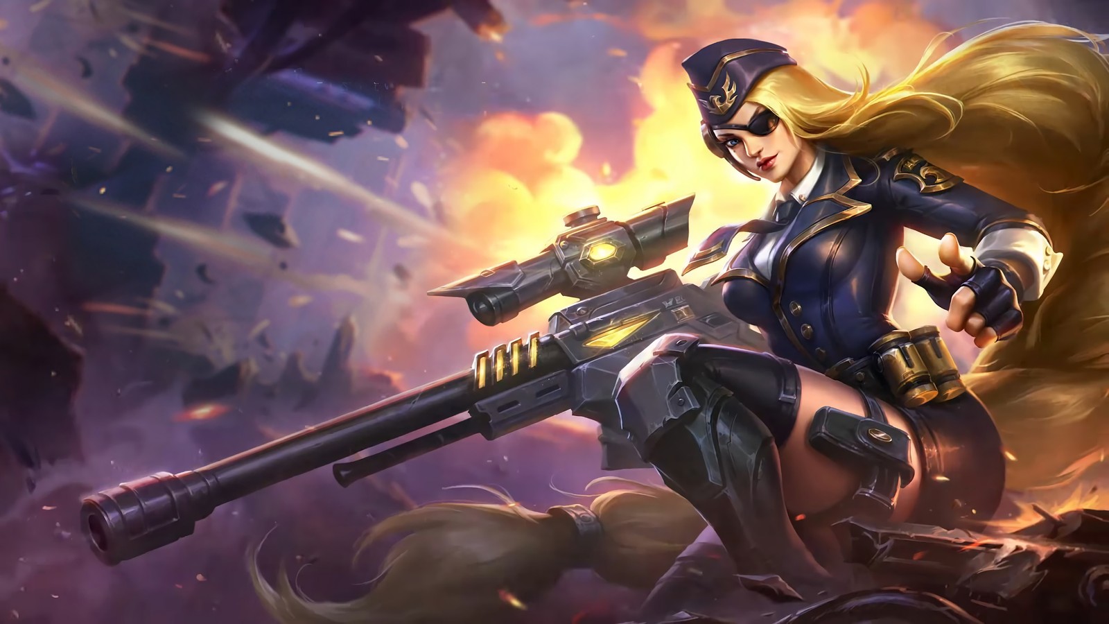 Une femme en tenue noire tenant une arme et un pistolet (lesley, mobile legends, jeu vidéo)