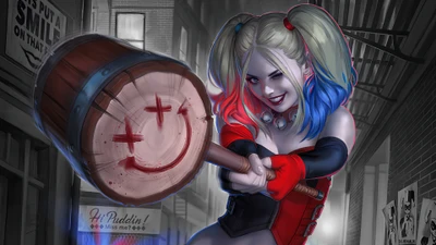 Harley Quinn brandissant un marteau en forme de smiley dans une ruelle sombre