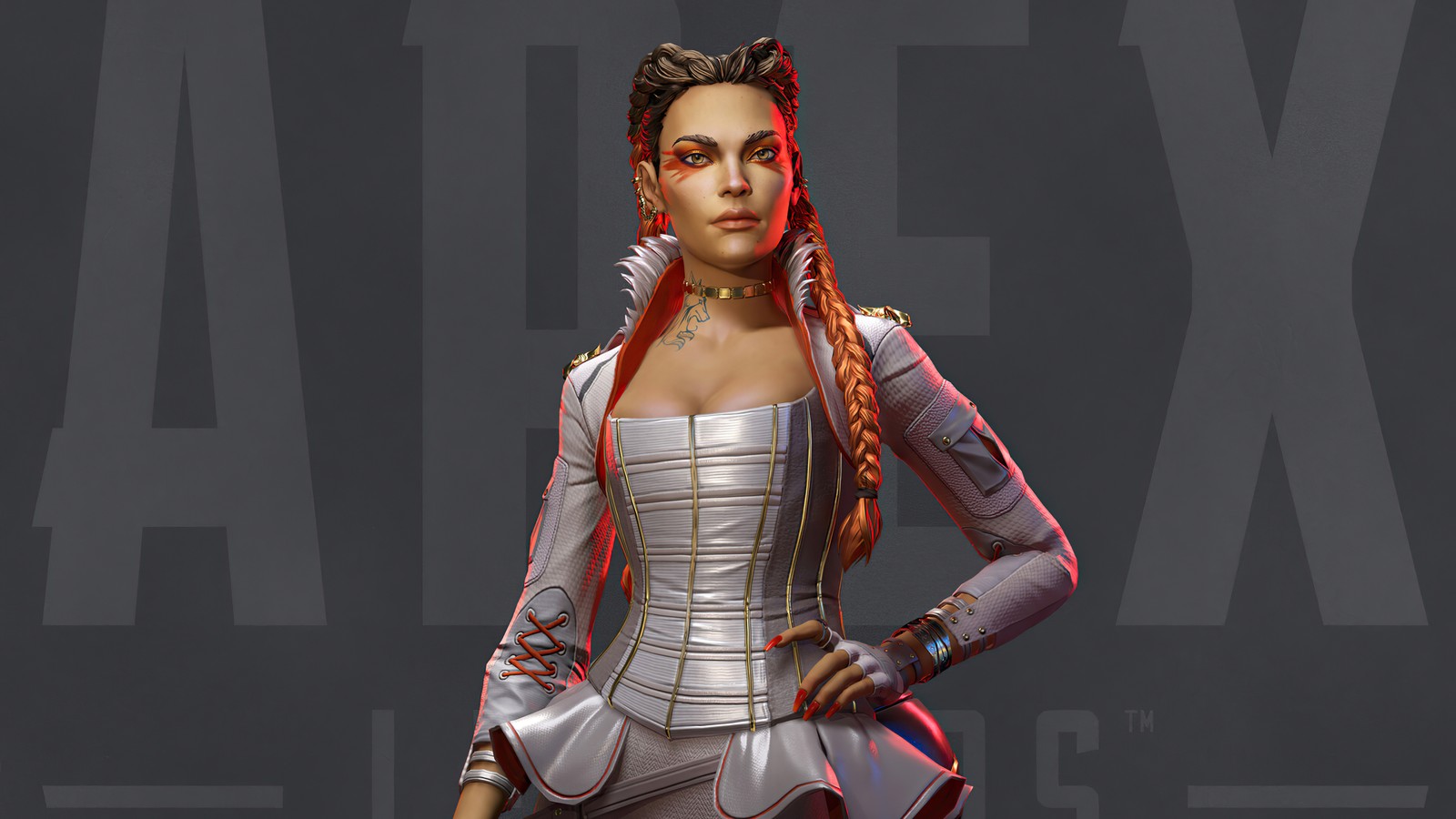 Uma mulher em um traje prateado com cabelo vermelho segurando uma espada (loba, apex legends, jogo de vídeo)