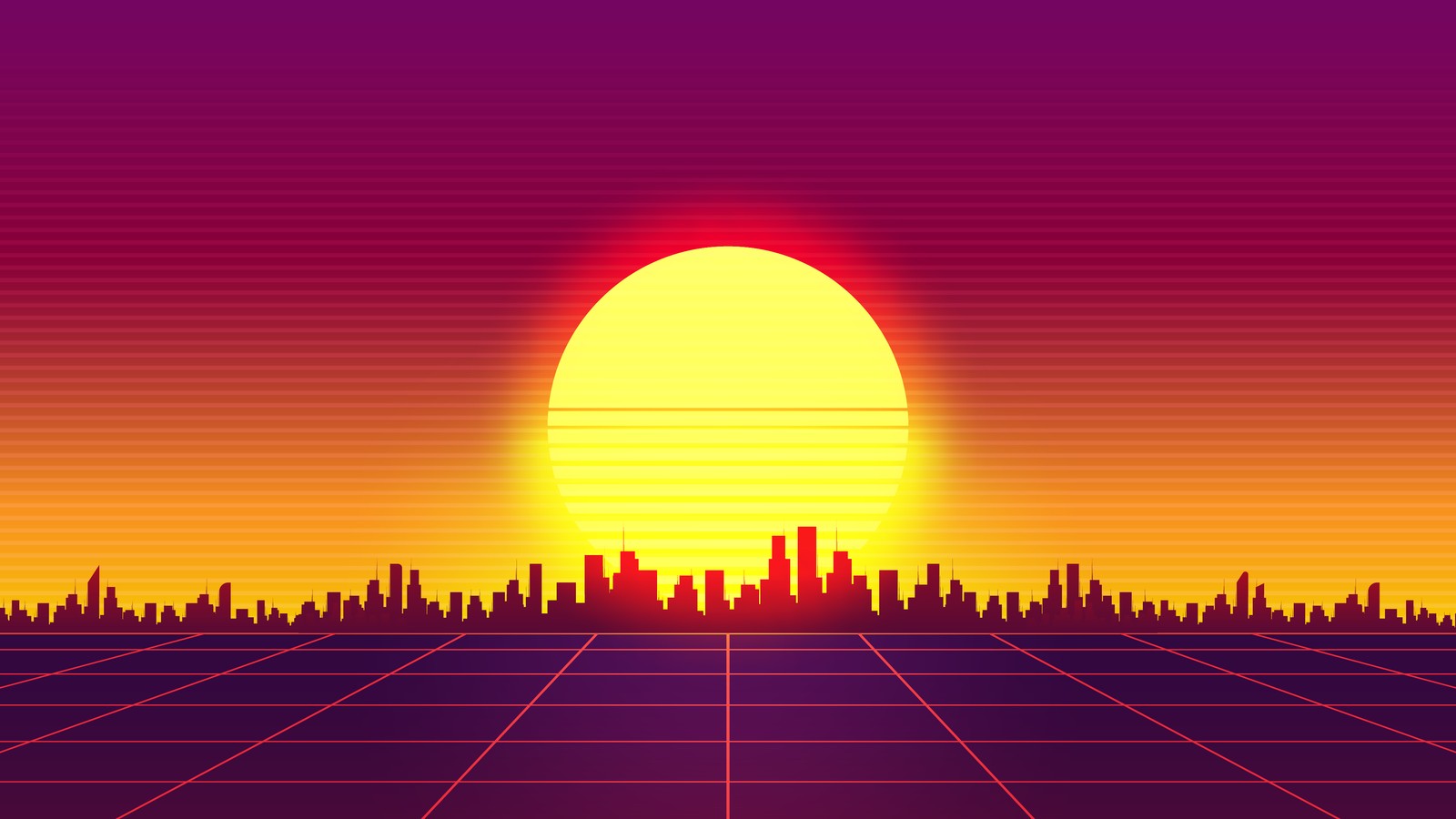 Закат над городом с сеткой зданий (synthwave, атмосфера, экорегион, природа, природная среда)