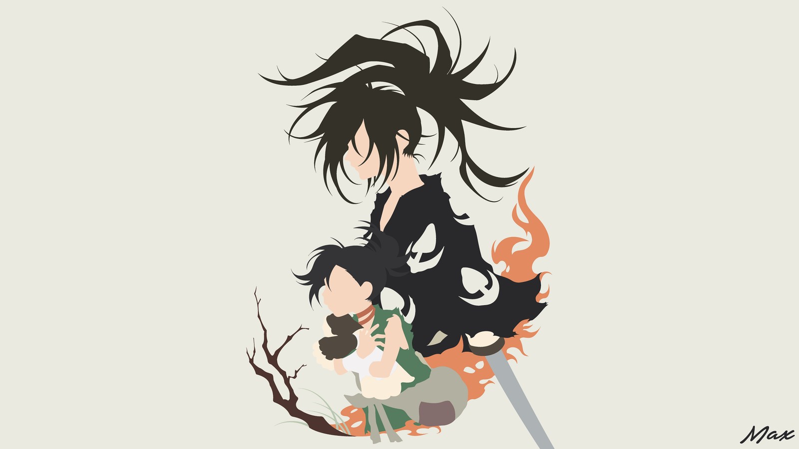 Une image de cartoon d'une femme avec une épée et un démon (hyakkimaru, dororo anime, anime, minimaliste, dororo)