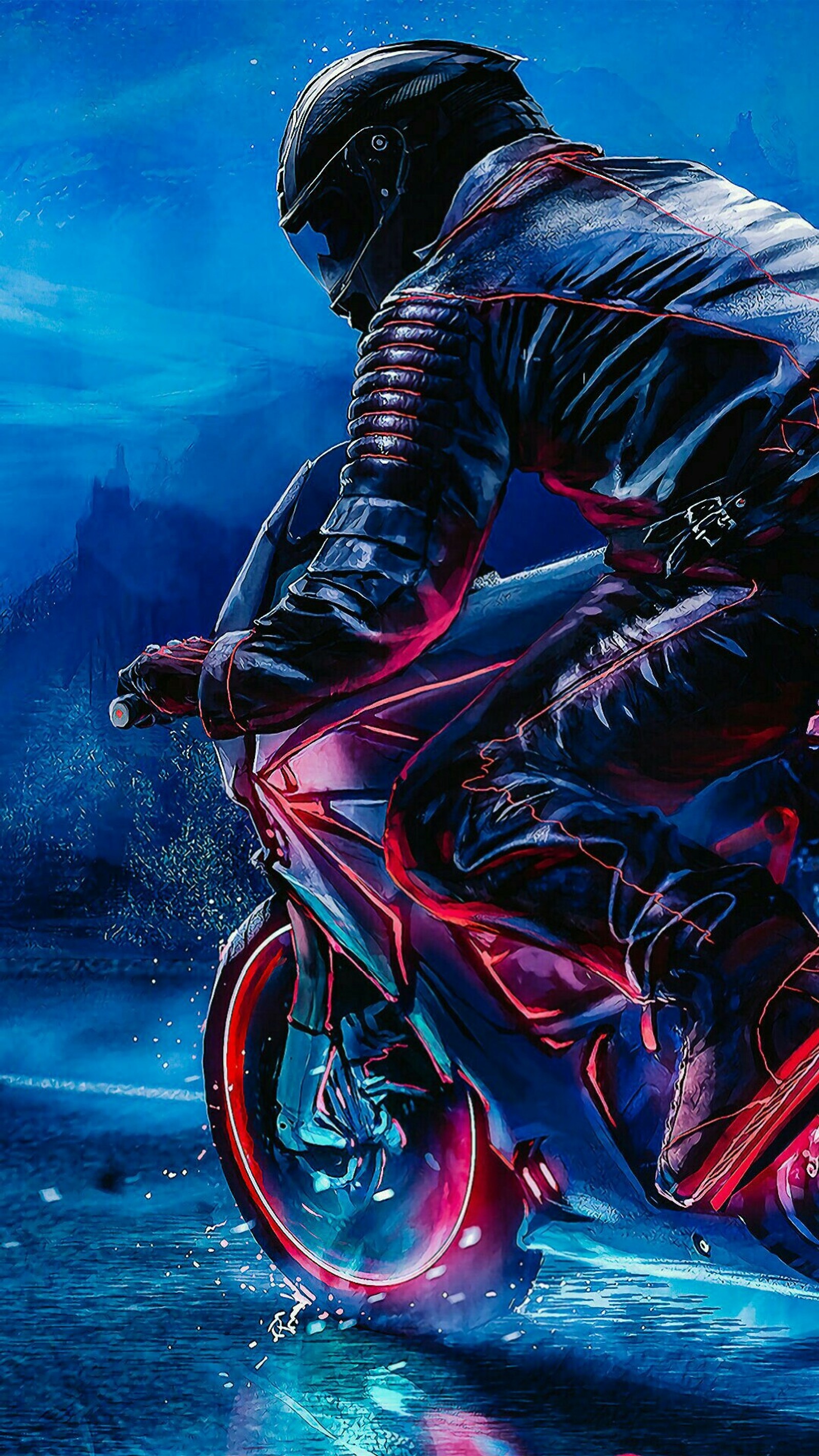 Pintura de um homem andando de motocicleta em uma noite escura (motocicleta, bmw r ninet, roda, calças, pneu)