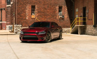 Elegante Dodge Charger rojo estacionado contra un fondo de ladrillo rústico