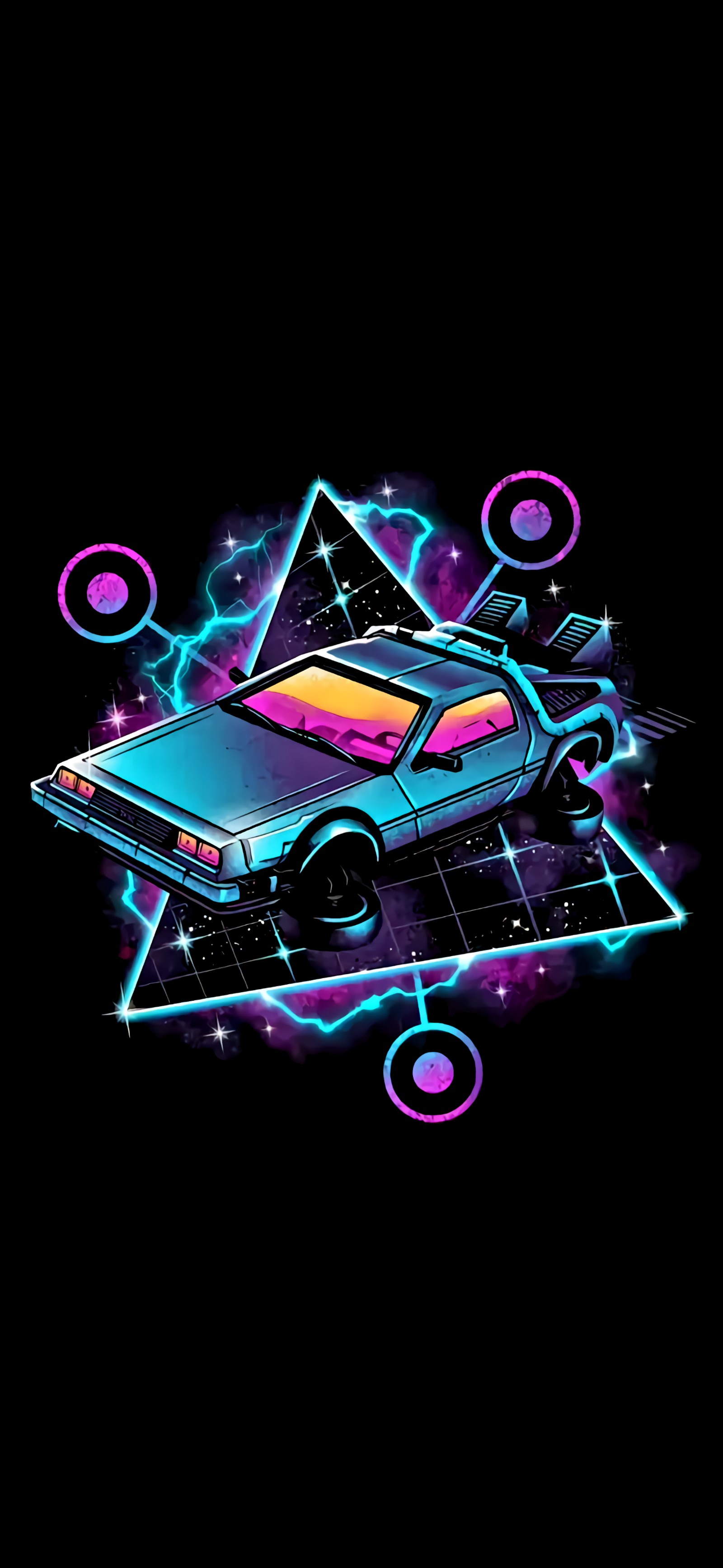 Un fondo negro con un coche y un triángulo de neón (delorean, arte, cartel, viaje en el tiempo, arte digital)