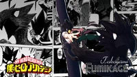 Fumikage Tokoyami libère le pouvoir de l'Ombre Noire dans une scène dynamique de "My Hero Academia", mettant en valeur ses capacités uniques sur un fond dramatique.