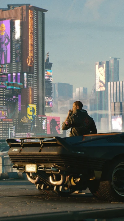 Johnny Silverhand surplombant le paysage urbain de Cyberpunk