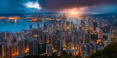 Stunning Sunrise Over Victoria Harbour: A Bird's Eye View of Hong Kong's Metropolis