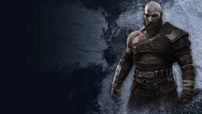 Kratos from God of War: Ragnarok, showcasing his fierce demeanor and intricate armor against a dark, icy backdrop.