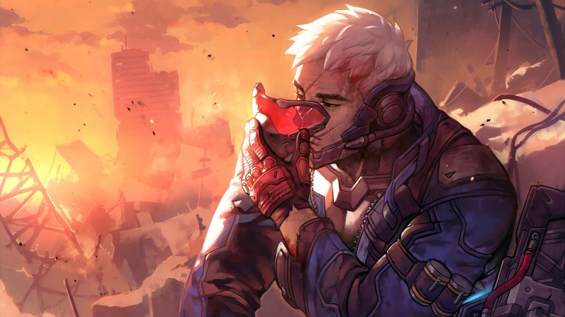 Мужчина в красном шлеме и очках, держащий оружие (солдат 76, soldier 76, overwatch, видеоигра)