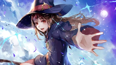 Atsuko Kagari, la sorcière pleine d'esprit de "Little Witch Academia", tend la main avec un sourire contre un ciel magique rempli d'étincelles et de pétales.