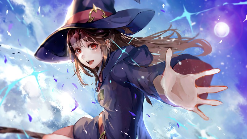 Женщина в ведьмином колпаке, летающая в воздухе (аниме девочки, little witch academia, аниме ацсуко кагари, anime atsuko kagari)