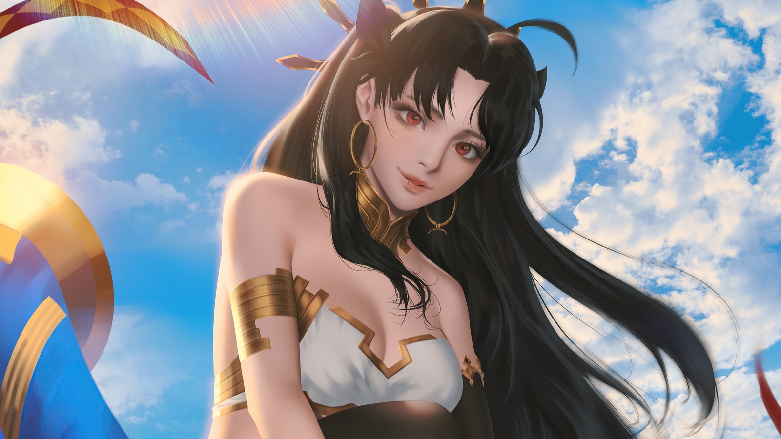 Une femme en haut de bikini et bikini doré et blanc se tient devant un ciel bleu (ishtar, fategrand order, fate grand order, fgo, jeu vidéo)