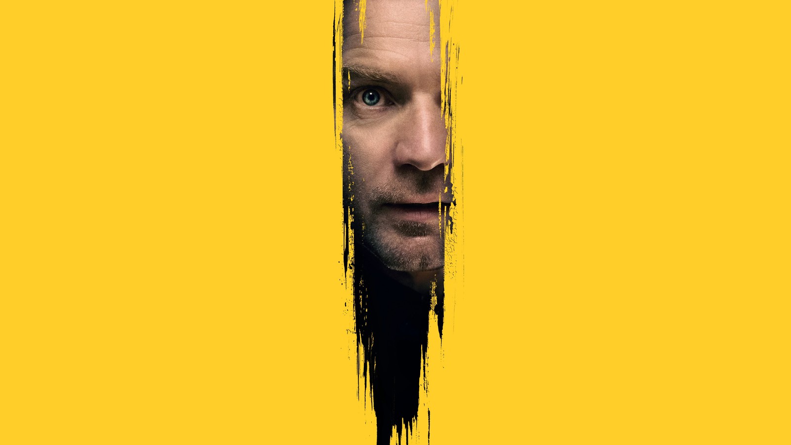 A man with a beard and a yellow background looks through a hole (doctor sleep, movie, 2019, poster, ewan mcgregor)