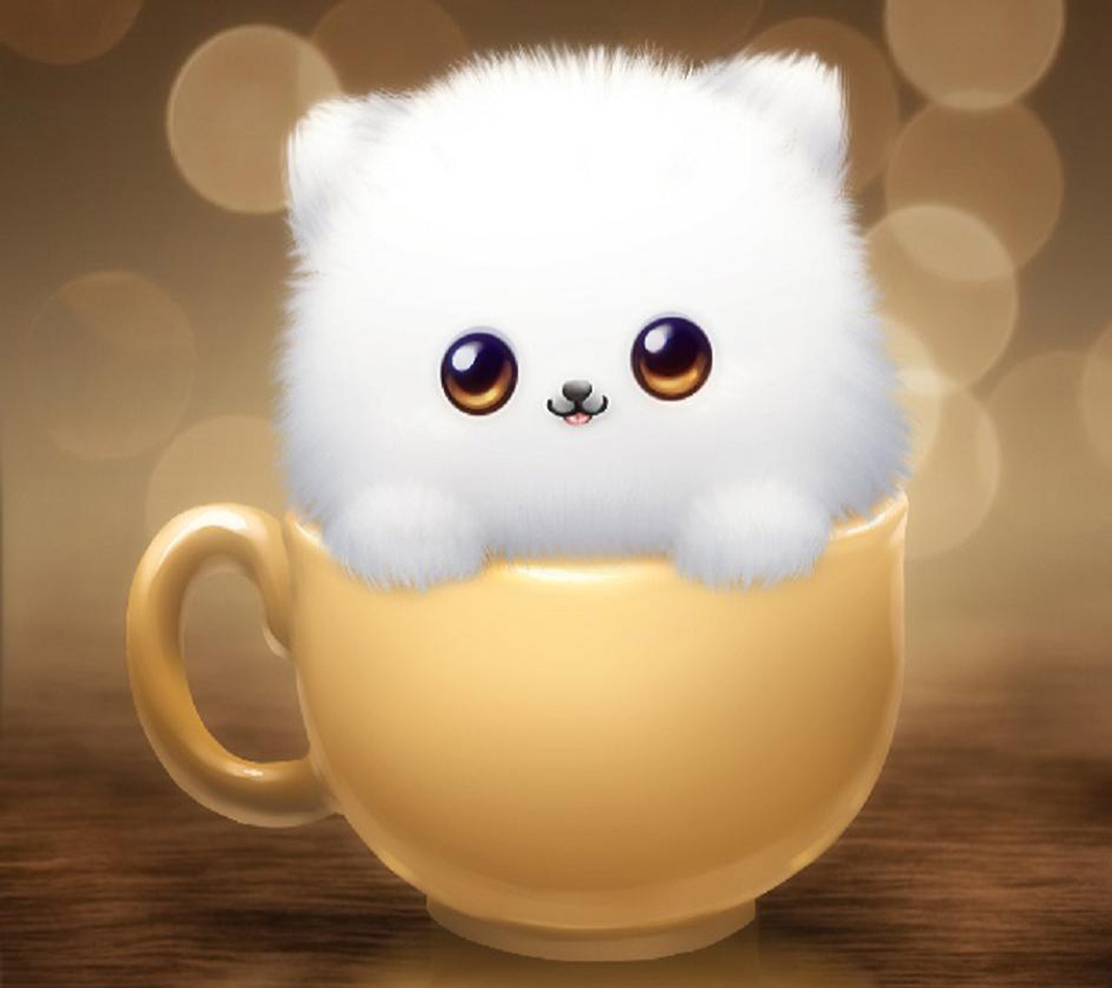 There is a white cat sitting in a cup with eyes (cute, puppy)