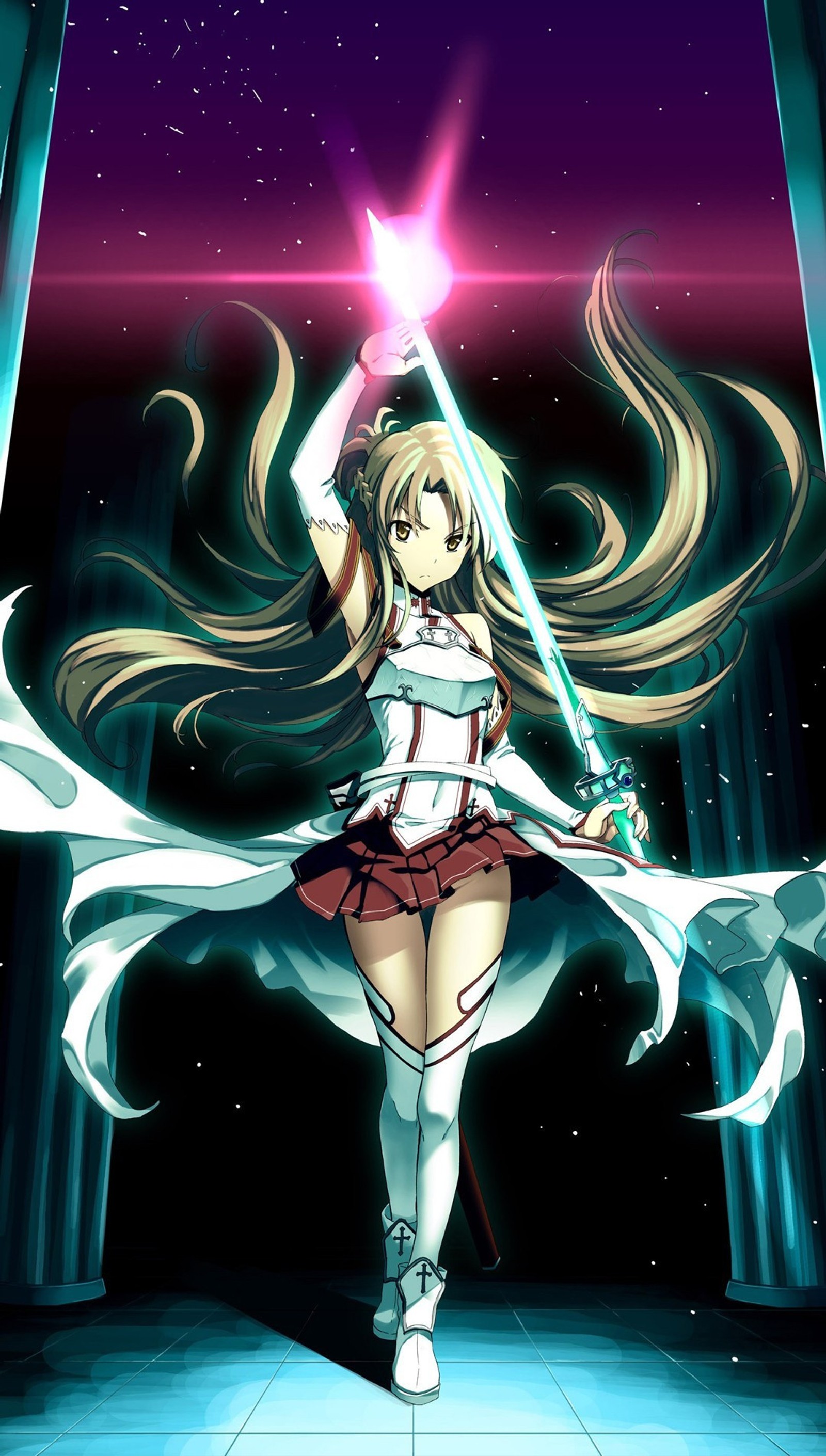 Chica de anime con espada en una habitación oscura con estrellas (anime, asuna, sao, sword art online)