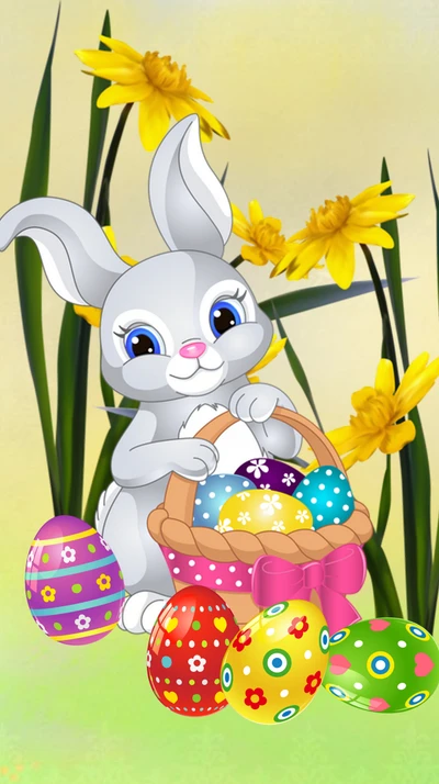 Cheerful Bunny with Colorful Easter Eggs and Spring Flowers