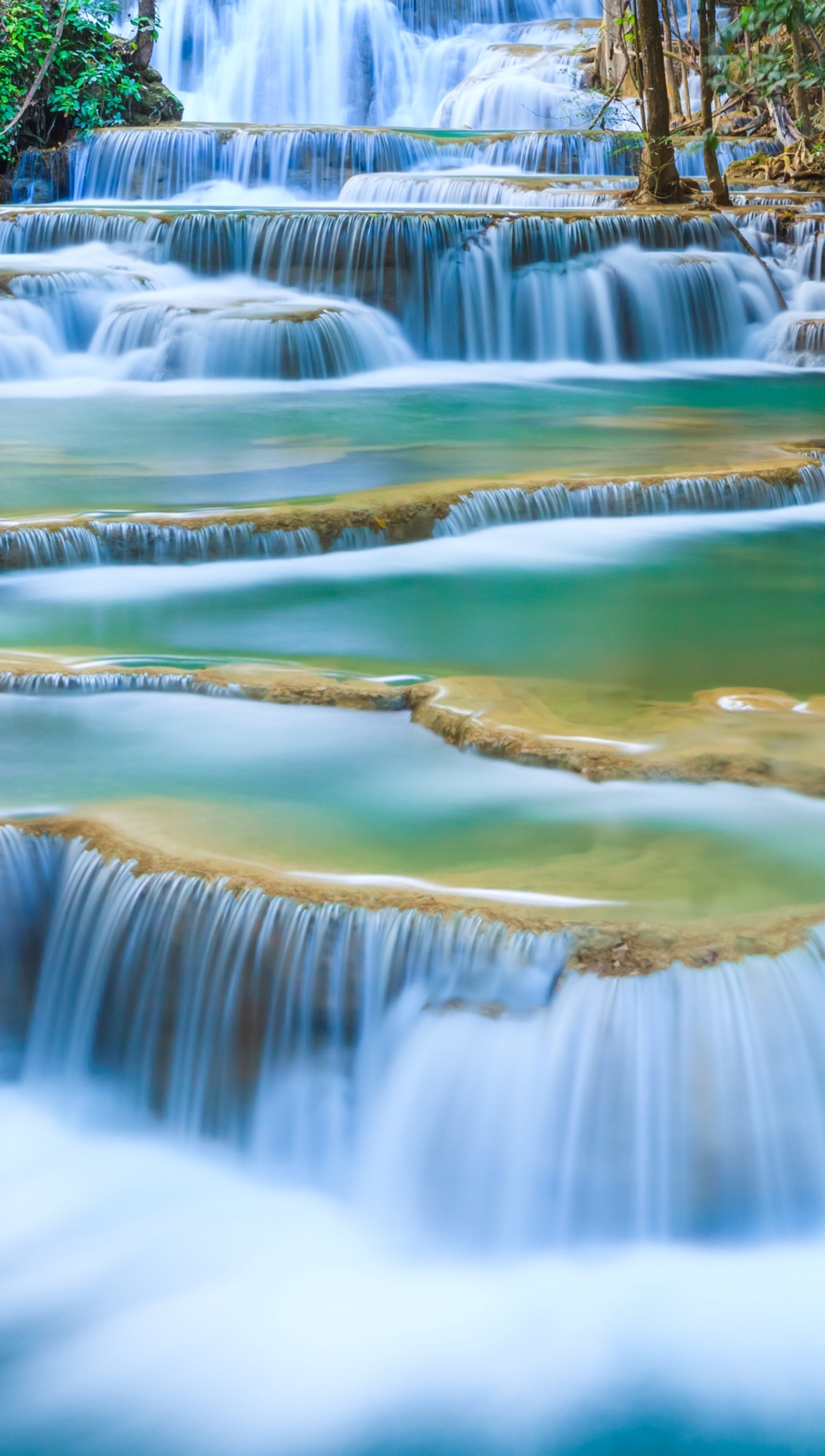 Une cascade avec de nombreuses marches entourée d'arbres (4k, la cascade)