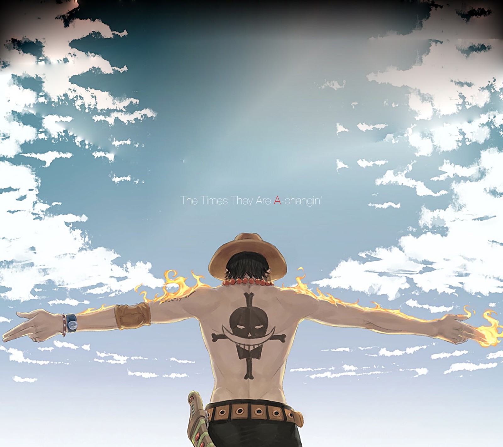 Anime-stil bild eines mannes mit hut und einem tattoo auf seinem rücken (anime, brennend, one piece, rockstar, stil)