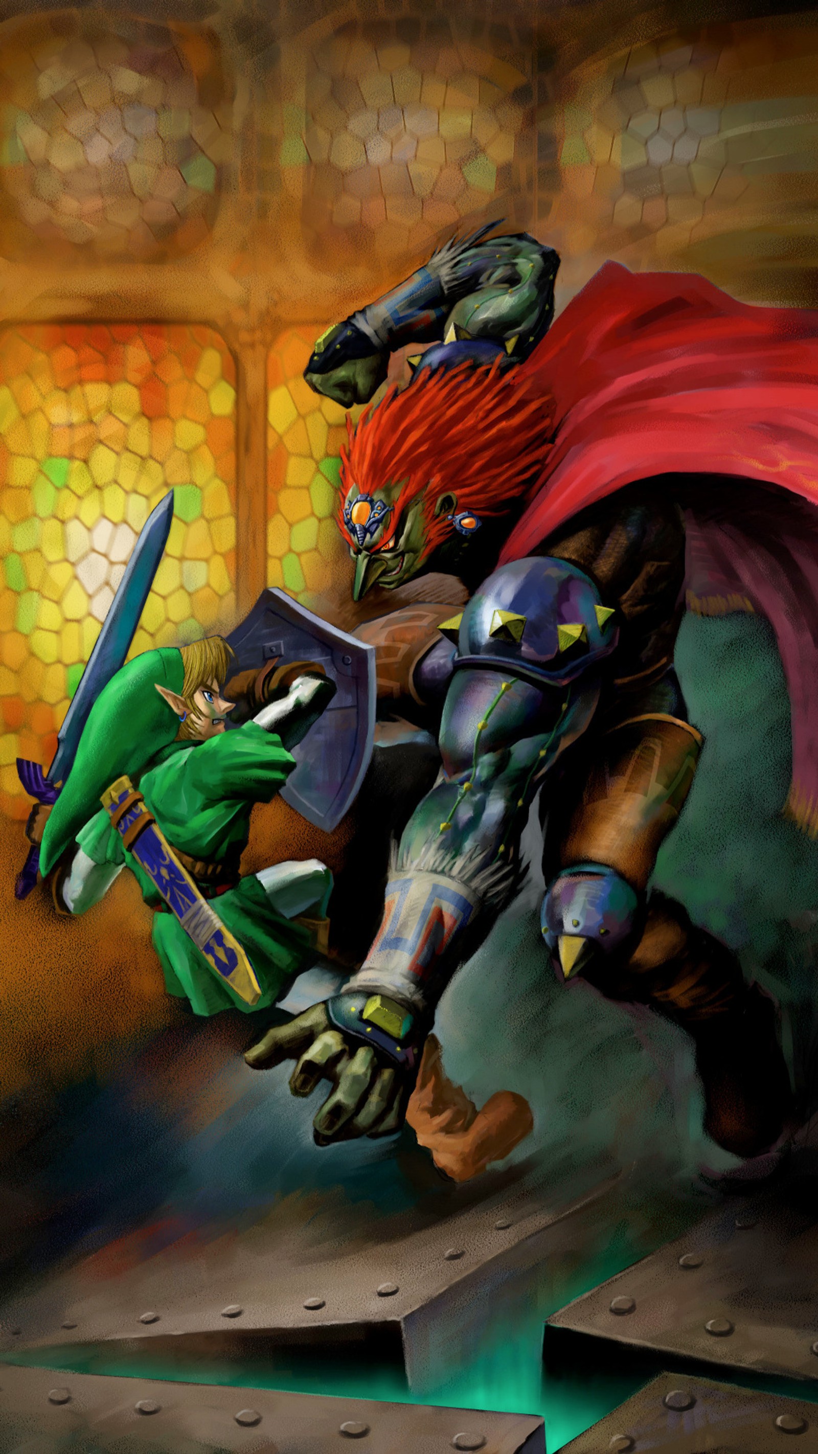 Painting of a man in a red cape and a green and red cape holding a sword (game, link vs ganon)