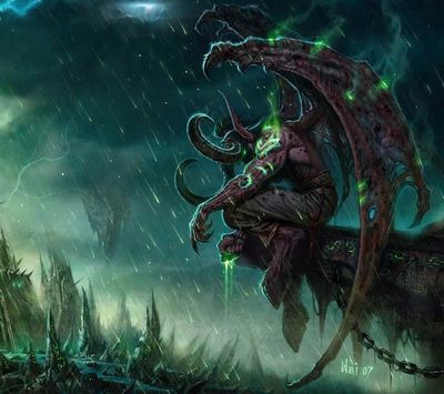 A dark, powerful demon with glowing green accents perches ominously against a stormy, otherworldly backdrop.