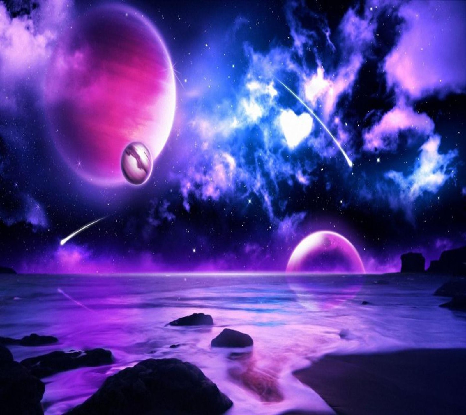 A purple and black space scene with planets and stars (pink moon, wallpaper)