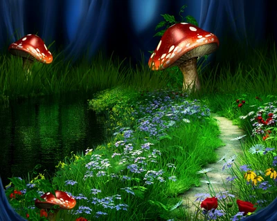 Vibrant Meadow Pathway with Colorful Flowers and Red Mushrooms