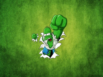 Homer Simpson como Hulk quebrando um fundo verde