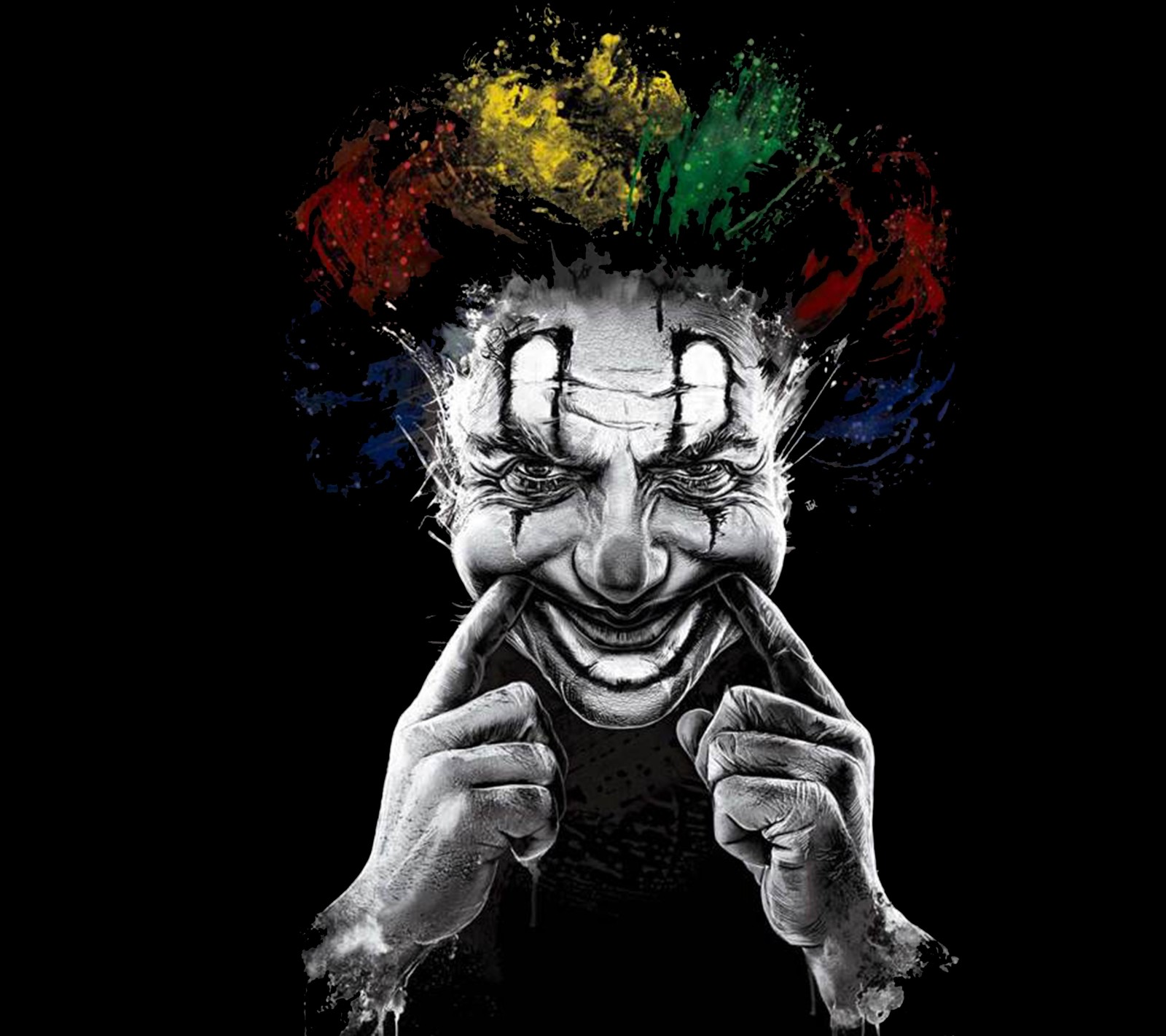 Clown mit bunten haaren und schwarzem shirt (abstrakt, kunst, clown, farbe, design)