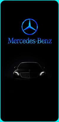 Logo Mercedes-Benz avec silhouette de voiture illuminée sur fond sombre