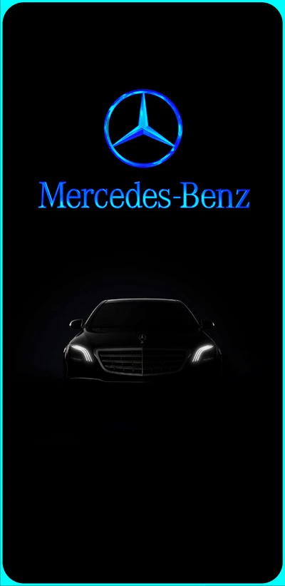 Logo de Mercedes-Benz con silueta de coche iluminada sobre fondo oscuro