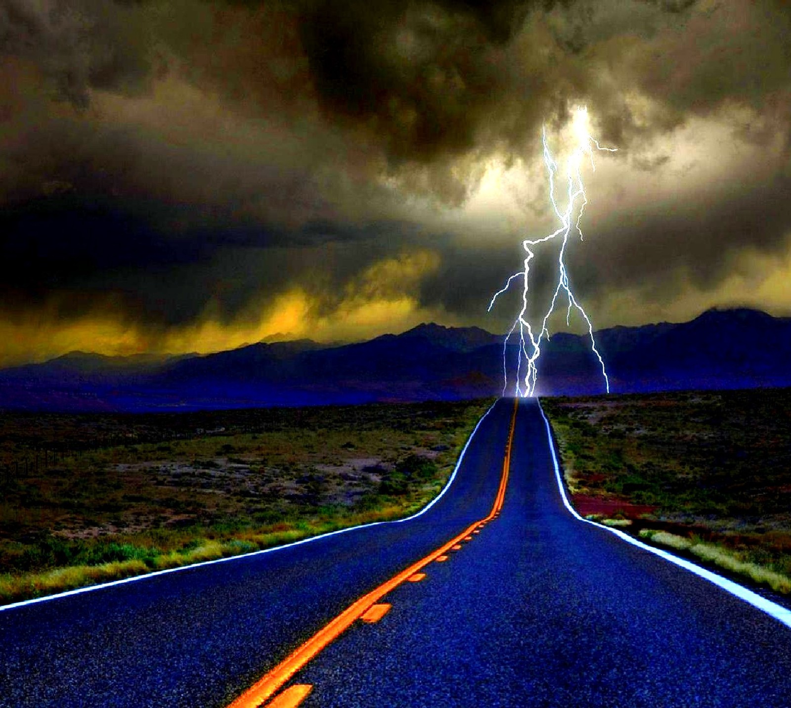 A close up of a road with a lightning bolt in the sky (nature)