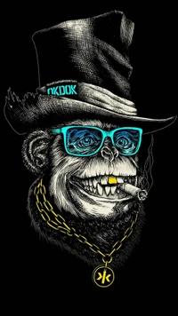 A stylish monkey in a top hat and sunglasses, exuding confidence with a cigar and gold chain, against a sleek black background.