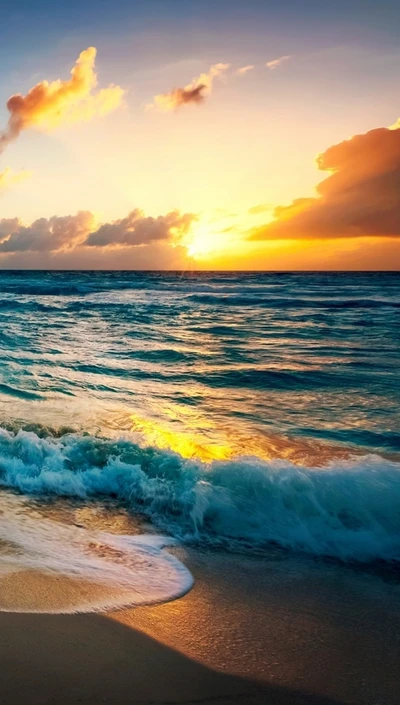 nature, mer, coucher de soleil, vague