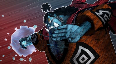 Mächtiger blauer Charakter in dynamischer Aktion, inspiriert von One Piece