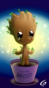 Cute Groot in a pot, radiating a galaxy glow.