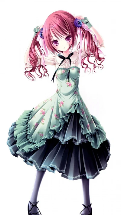 Anime-Mädchen in einem Blumenkleid mit pinken Haaren und verspielten Zöpfen.