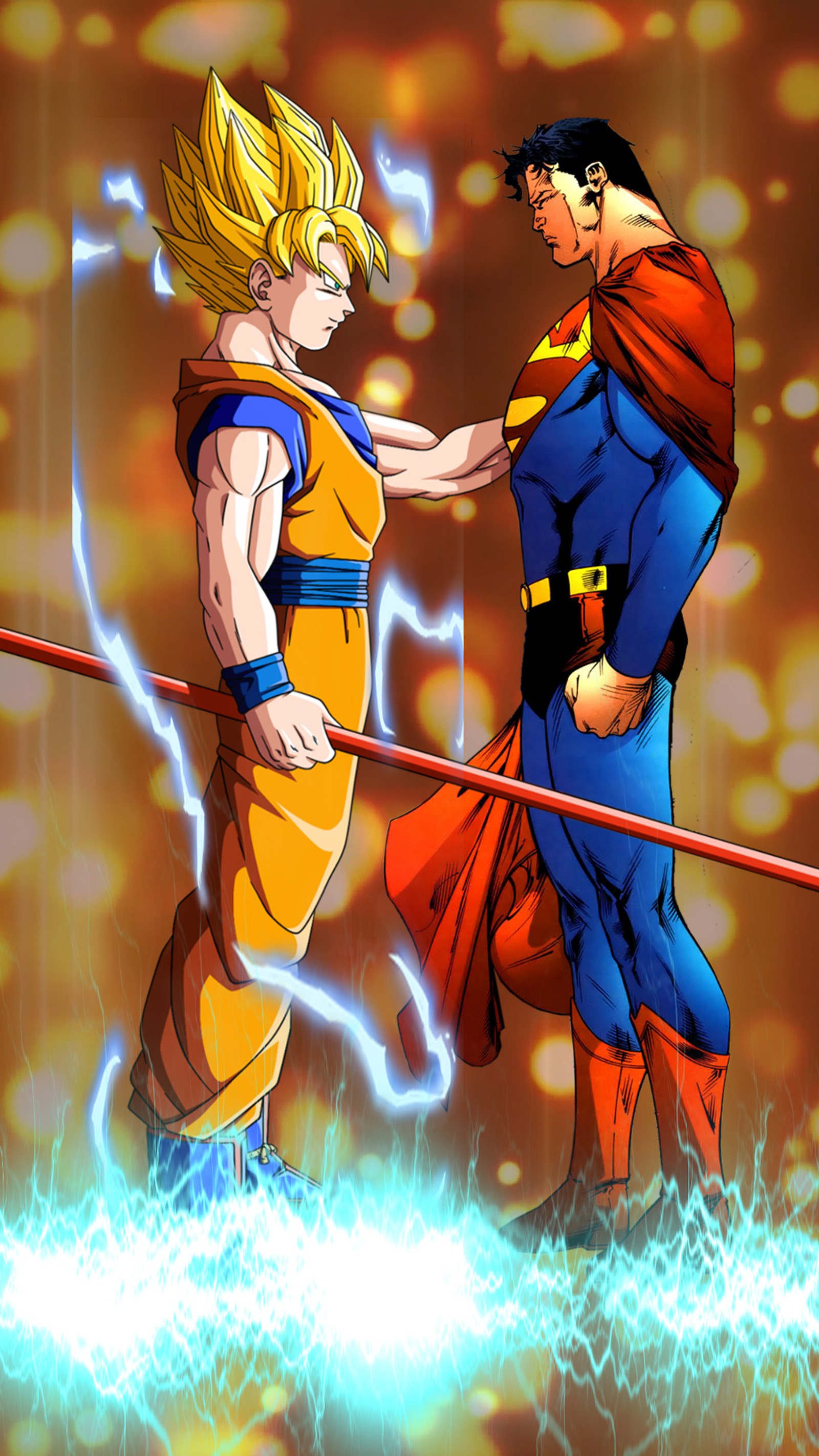 Um desenho animado de dois super-heróis lutando por um raio (anime, bola, quadrinhos, dragão, goku)