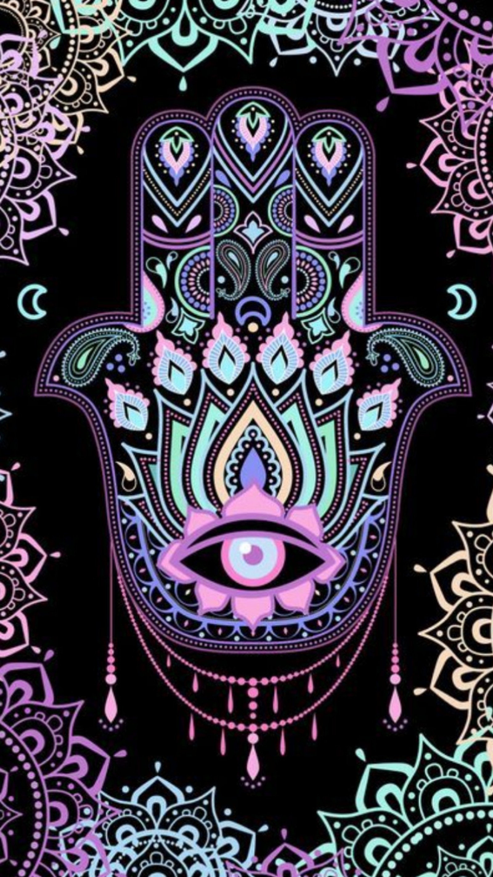 Uma mão hamsa desenhada com cores neon em um fundo preto (3d, chique, fé, halloween, hands of)