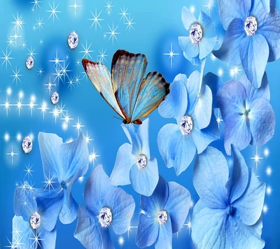 azul, mariposa, diamantes, floral, flores