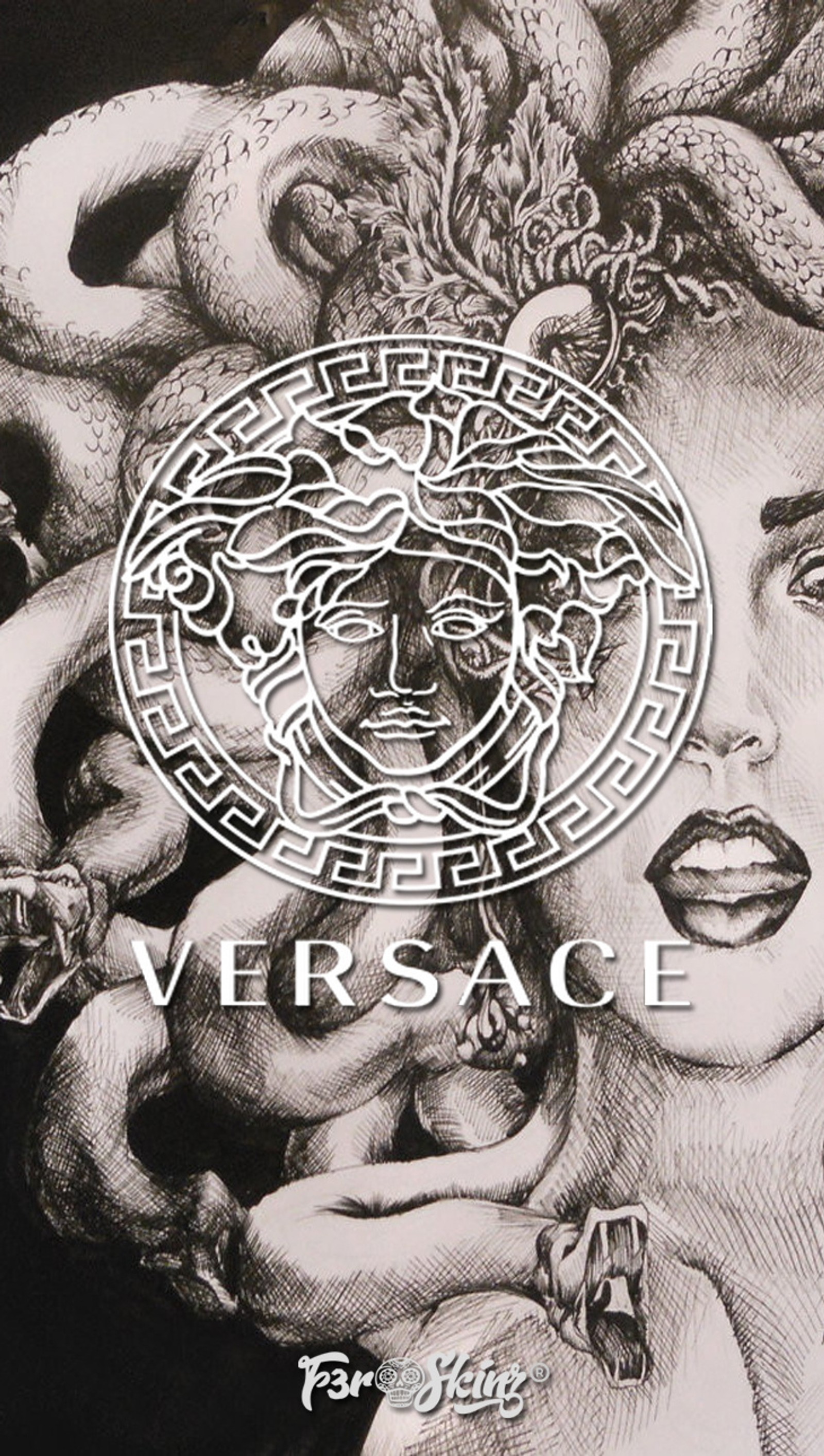 A close up of a poster with a woman with a medusant on it (logo, logos, marca, marcas, versace)