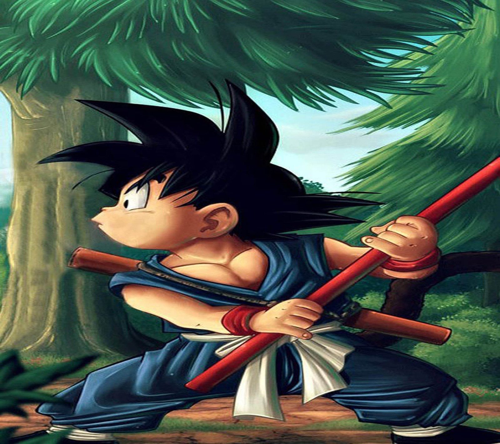 Un dessin animé d'un jeune gohan tenant un bâton dans une forêt (anime, balle, dragon, goku, enfant)